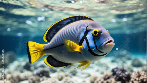 Close up of a Surgeonfish swimming in the clear Ocean Natural Background with beautiful Lighting