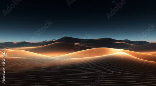 Abstract glowing orange lines sweep across serene blue sand dunes.