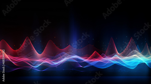  Abstract neon sound waves flowing in blue and red hues on a dark background.