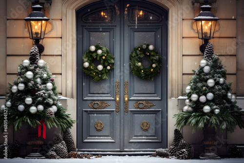Cozy Wooden Door adorned with a Christmas Tree, Decorations, and Lights