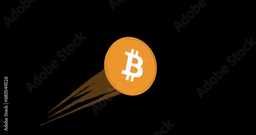 Illustration of the Bitcoin token rising to the moon, flat design, transparent background.