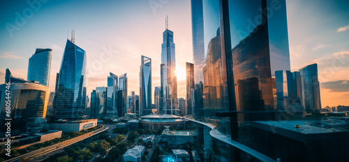 modern city skyscrapers The financial district of the future Building perspective and reflection - architectural blue background