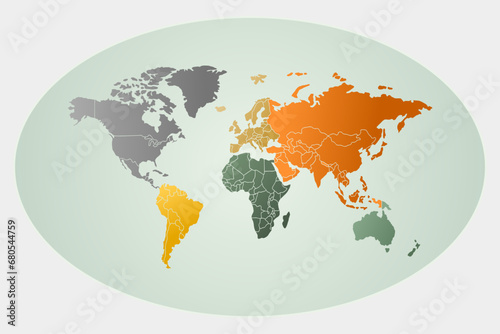 Fototapeta Naklejka Na Ścianę i Meble -  Vector world map in oval shape. Green and orange colors.
