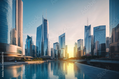 modern city skyscrapers The financial district of the future Building perspective and reflection - architectural blue background