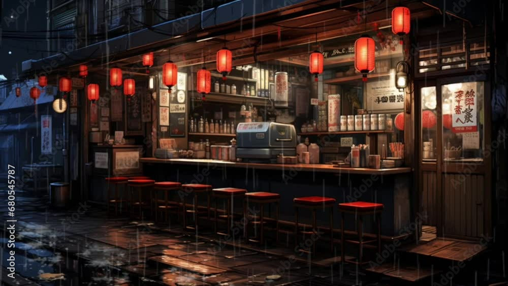 Lofi anime rainy restaurant. Night ramen restaurant animation. japanese street food. seamless looping time-lapse virtual 4k video animation background. Generated with AI