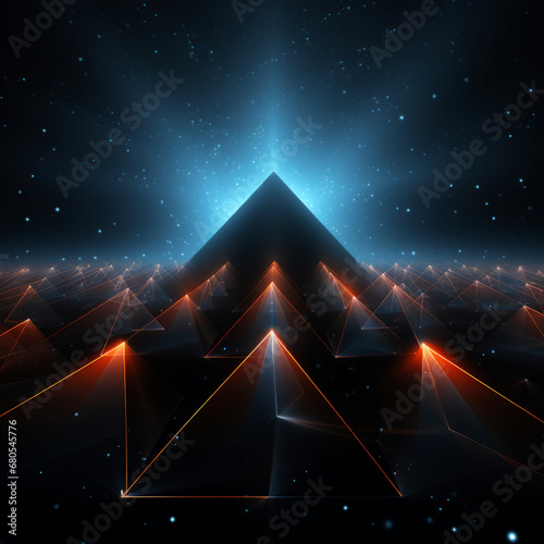 A triangle pyramid with glowing edges and geometric light rays. Blue aura in the background.