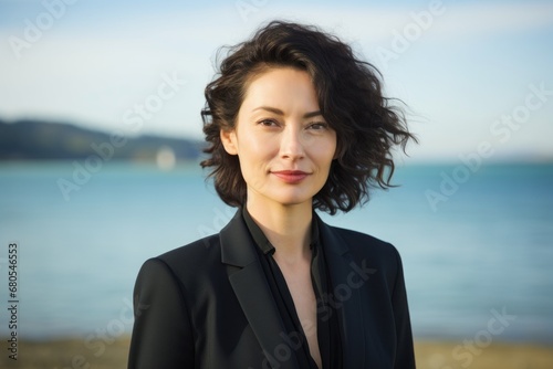 Portrait of a content woman in her 40s wearing a professional suit jacket against a calm bay background. AI Generation © CogniLens