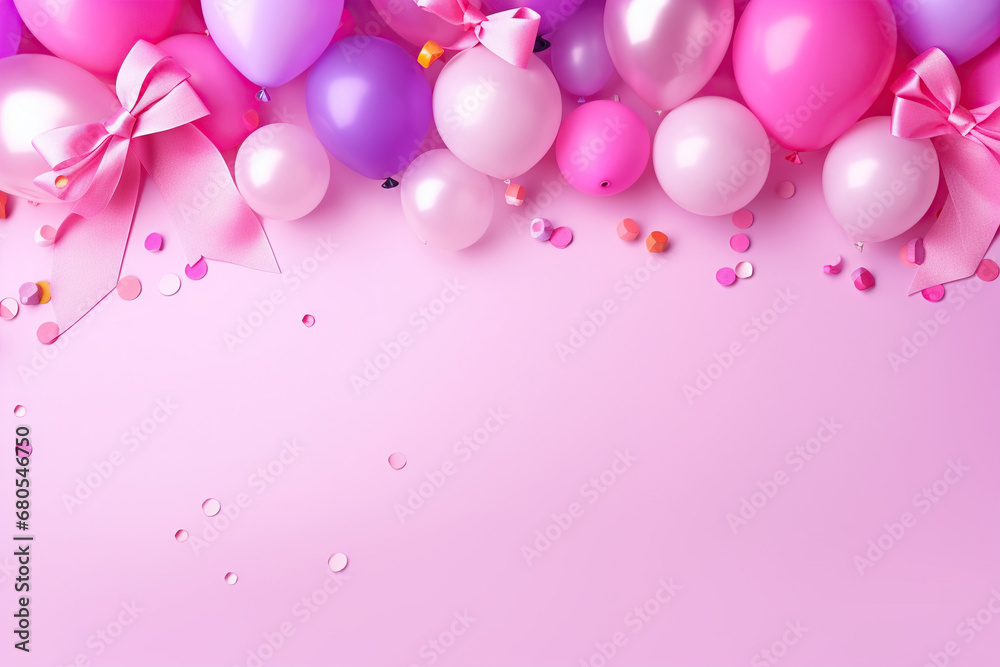Festive background with pink and purple balloons, confetti, and ribbons. 