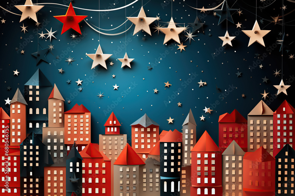 Christmas and New Year background with houses and stars. Vector illustration. 