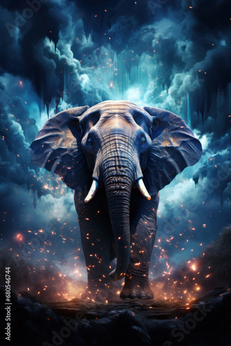 Elephant in clouds on dark background. Created with Generative AI © Uliana