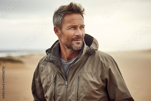 Portrait of a jovial man in his 40s wearing a lightweight packable anorak against a serene dune landscape background. AI Generation