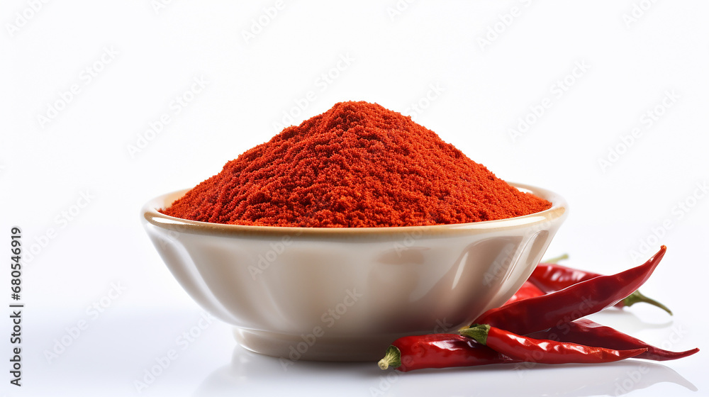 A chilli powder in the bowl in the white background. Made with generative ai - obrazy, fototapety, plakaty 