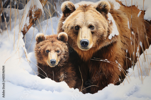 Illustration bear portrait in winter forest. Generative AI