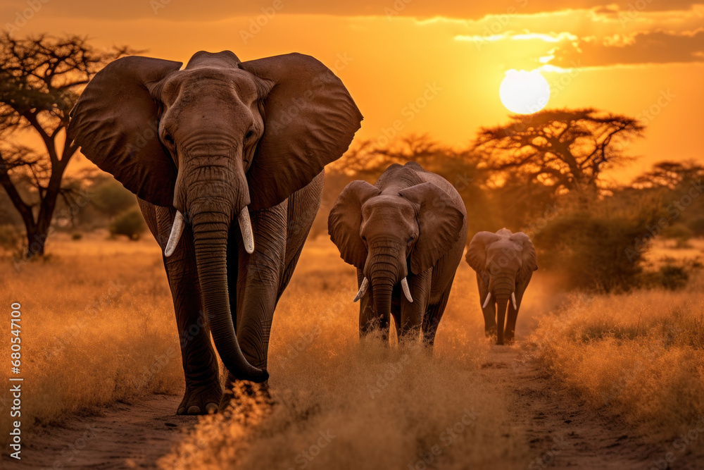 Obraz premium Adult elephant on african savannah in sunset. Created with Generative AI