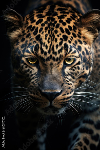 Leopard portrait on dark background. Generative AI © Uliana
