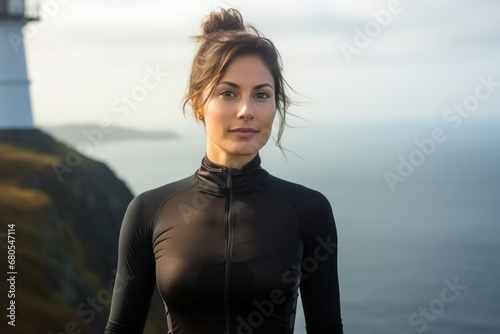 Portrait of a content woman in her 30s sporting a breathable mesh jersey against a majestic lighthouse on a cliff background. AI Generation