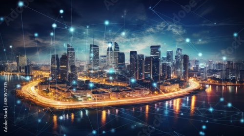 Smart city and communication network. Digital transformation, business, building, modern, urban, technology, connection, information, innovation, capita, future. © Space_Background