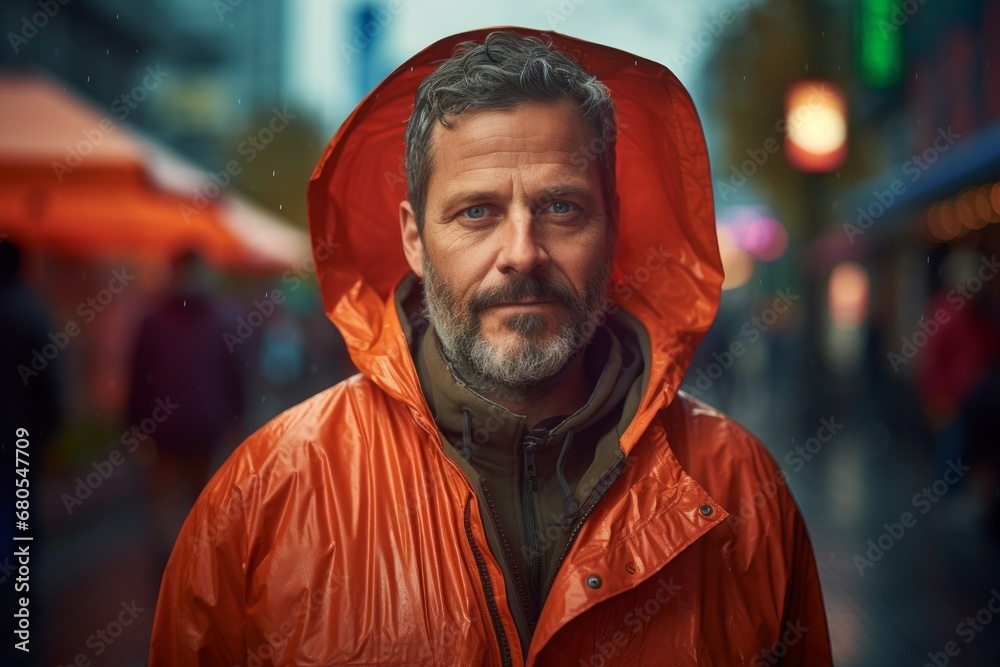 Portrait of a tender man in his 40s wearing a vibrant raincoat against a vibrant market street background. AI Generation Portrait of a tender man in his 40s wearing a vibrant raincoat against a vibrant market street background. AI Generation