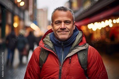 Portrait of a merry man in his 50s donning a durable down jacket against a vibrant market street background. AI Generation © CogniLens