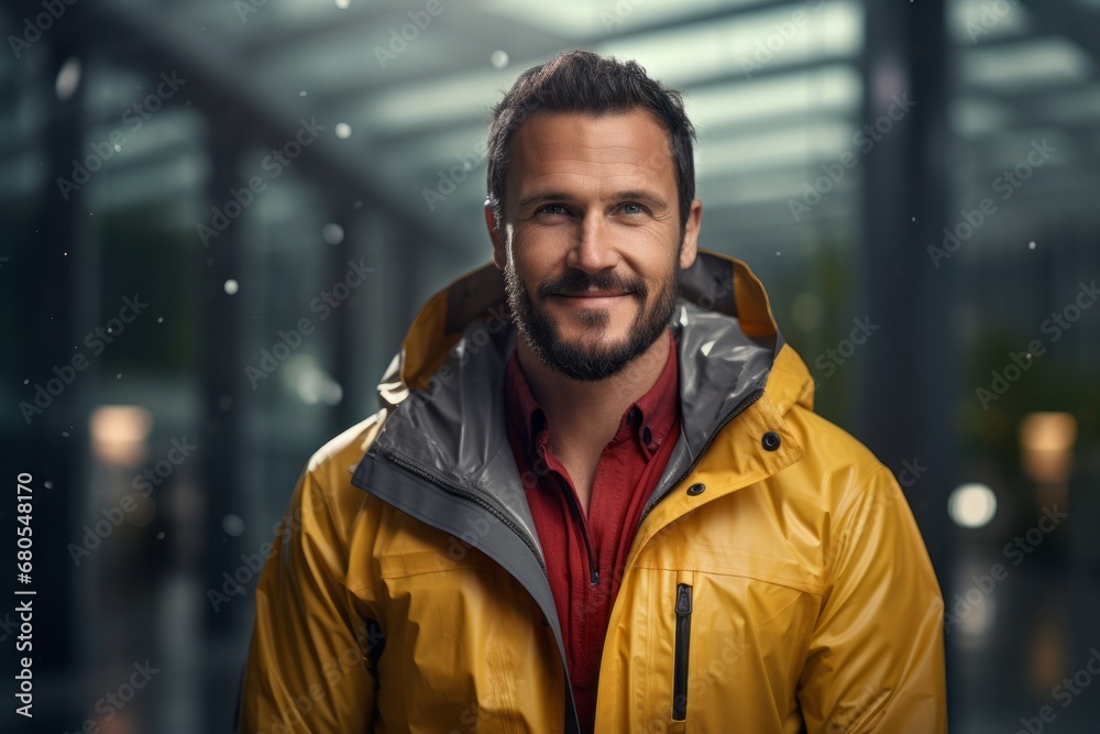 Portrait of a satisfied man in his 30s sporting a waterproof rain jacket against a sophisticated corporate office background. AI Generation Portrait of a satisfied man in his 30s sporting a waterproof rain jacket against a sophisticated corporate office background. AI Generation