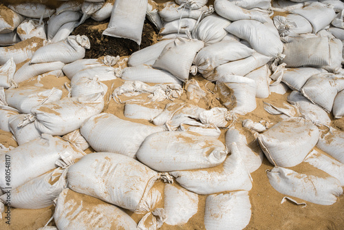 Pile of sandbags and sand ready to be used in a flood.