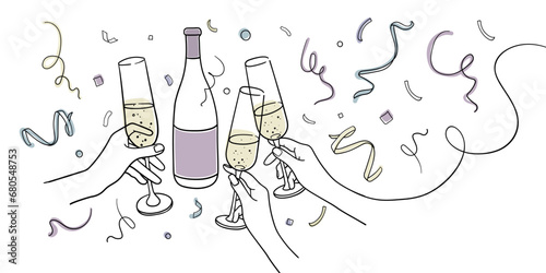 Continuous line champagne cheers one line art, continuous drawing contour on white background. 3 Wine glasses with drinks. Cheers toast festive decoration for happiness holidays. 
