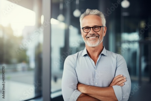 Portrait of a cheerful man in his 60s donning a trendy cropped top against a sophisticated corporate office background. AI Generation © CogniLens