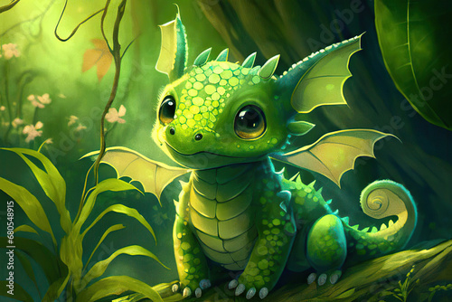 Cute baby green dragon in the jungle, Year of the Dragon, fairy tale illustration, Generative AI © Eva