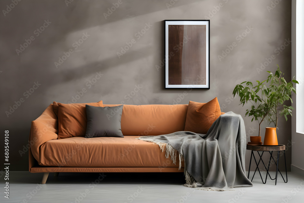 Interior design of contemporary living room with stylish comfortable terracotta sofa, pillows, green plant, coffee table.
Minimal interior mock up
 - obrazy, fototapety, plakaty 