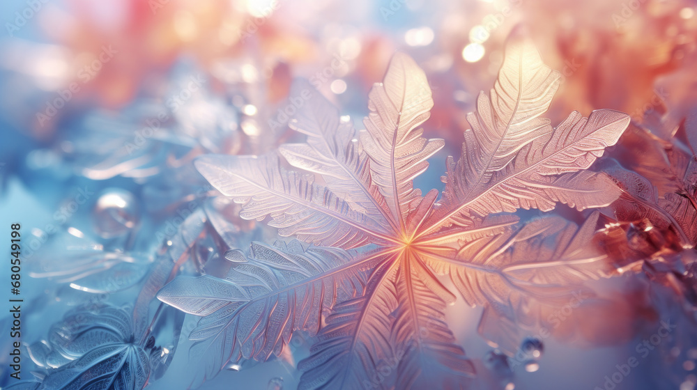 Frosty pattern on blurred background with bokeh in pink and blue neon colors. - obrazy, fototapety, plakaty 