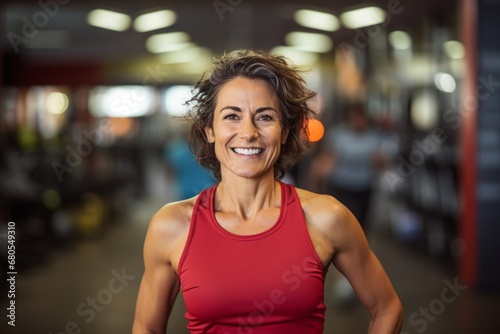 Portrait of a joyful woman in her 40s wearing a moisture-wicking running shirt against a dynamic fitness gym background. AI Generation Free Download Portrait of a joyful woman in her 40s wearing a moisture-wicking running shirt against a dynamic fitness gym background. AI Generation - GFXLoad