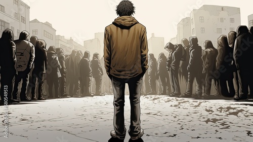 A figure seen from behind, walking away from a group of people. The figure's shoulders are hunched, and their head is down, suggesting a feeling of being ostracized or humiliated.  photo