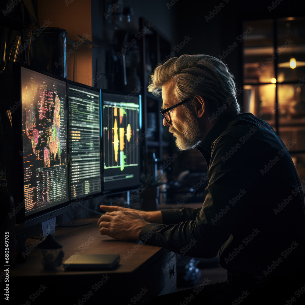 A gray-haired man is working at the computer in the office, generative AI A gray-haired man is working at the computer in the office, generative AI