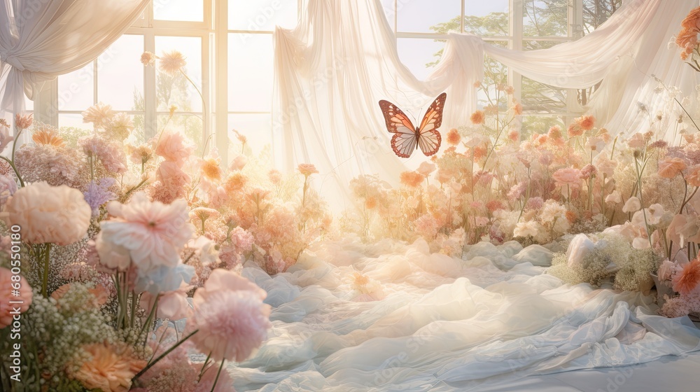 A blend of pastel patchwork fabrics, featuring delicate butterfly and floral appliques.  - obrazy, fototapety, plakaty 