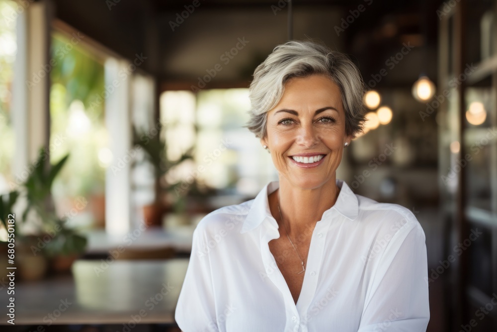 Portrait of a joyful woman in her 50s wearing a classic white shirt against a serene coffee shop background. AI Generation Portrait of a joyful woman in her 50s wearing a classic white shirt against a serene coffee shop background. AI Generation