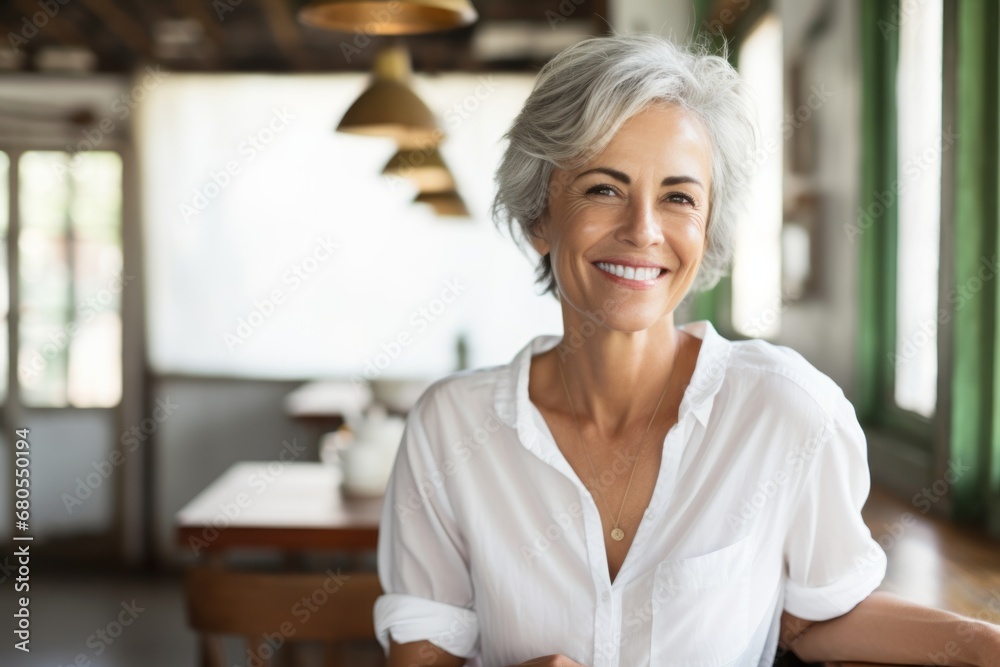 Portrait of a joyful woman in her 50s wearing a classic white shirt against a serene coffee shop background. AI Generation Portrait of a joyful woman in her 50s wearing a classic white shirt against a serene coffee shop background. AI Generation