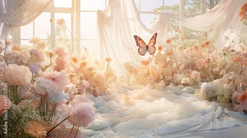 A blend of pastel patchwork fabrics, featuring delicate butterfly and floral appliques. 