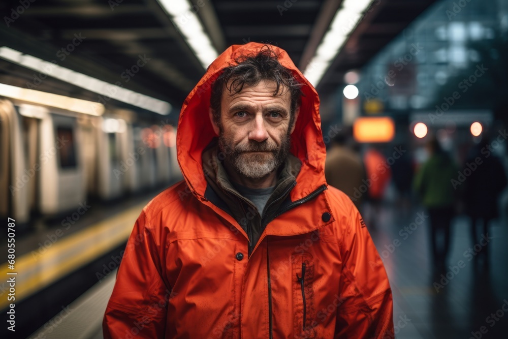 Portrait of a content man in his 50s sporting a waterproof rain jacket against a bustling city subway background. AI Generation