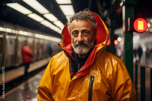 Portrait of a content man in his 50s sporting a waterproof rain jacket against a bustling city subway background. AI Generation