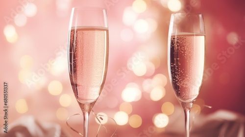 Two champagne flutes with pink bubbles on a table, AI