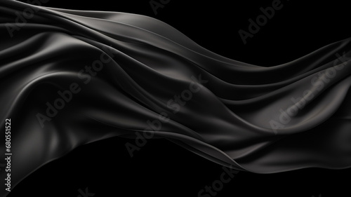 Flying black silk fabric isolated on black white background