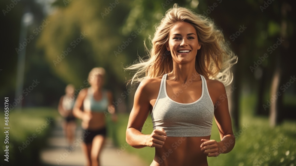 beautiful model is running with her friends for health in the morning sunrise at park. beautiful model is running with her friends for health in the morning sunrise at park.