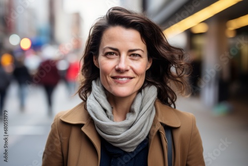 Portrait of a grinning woman in her 40s wearing a chic cardigan against a bustling city street background. AI Generation