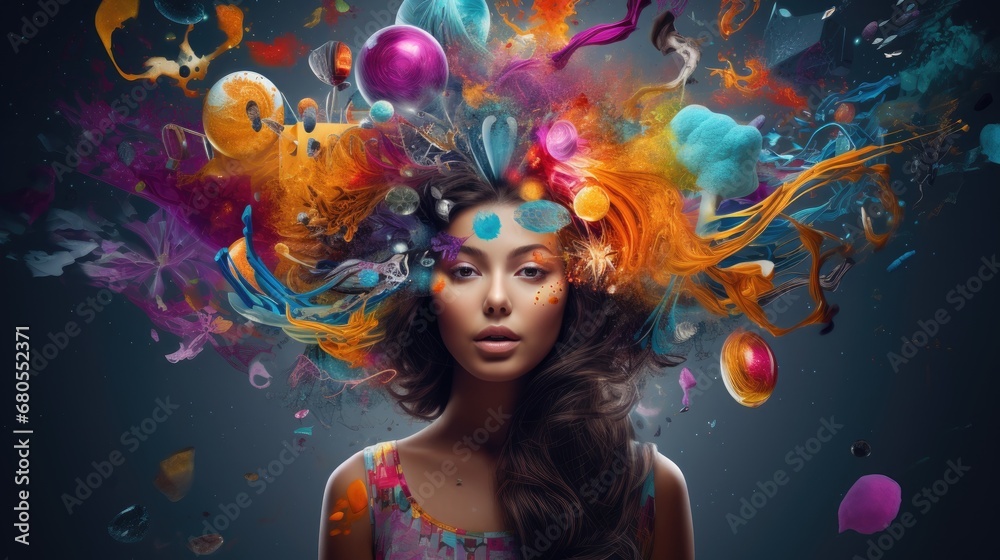 A creative person surrounded by a burst of abstract shapes and symbols, representing the innovative and unconventional thinking often found in neurodivergent people.  - obrazy, fototapety, plakaty 