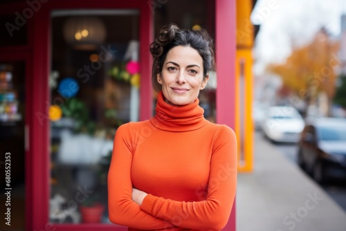 Portrait of a content woman in her 40s wearing a classic turtleneck sweater against a vibrant yoga studio background. AI Generation