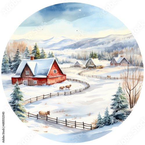 Round Christmas farm watercolor illustration, farmhouse landscape isolated with a transparent background, holiday farmhouse winter design