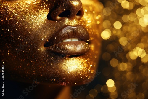 Close-up of a person's face with golden glitter, perfect for luxury and skincare themes.