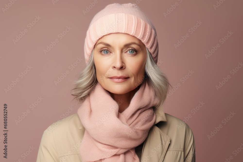 Portrait of a tender woman in her 40s dressed in a warm ski hat against a pastel or soft colors background. AI Generation Portrait of a tender woman in her 40s dressed in a warm ski hat against a pastel or soft colors background. AI Generation