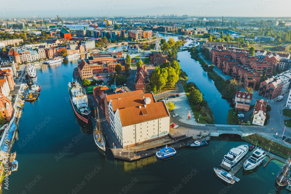 Panorama of Gdańsk. View of Ołowianka Island, Motława and the philharmonic halls.
