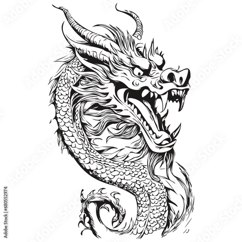2024 Dragon Year Symbol Illustration and Vintage Engraving, isolated Vector ink outlines template for greeting card, poster, invitation, logo